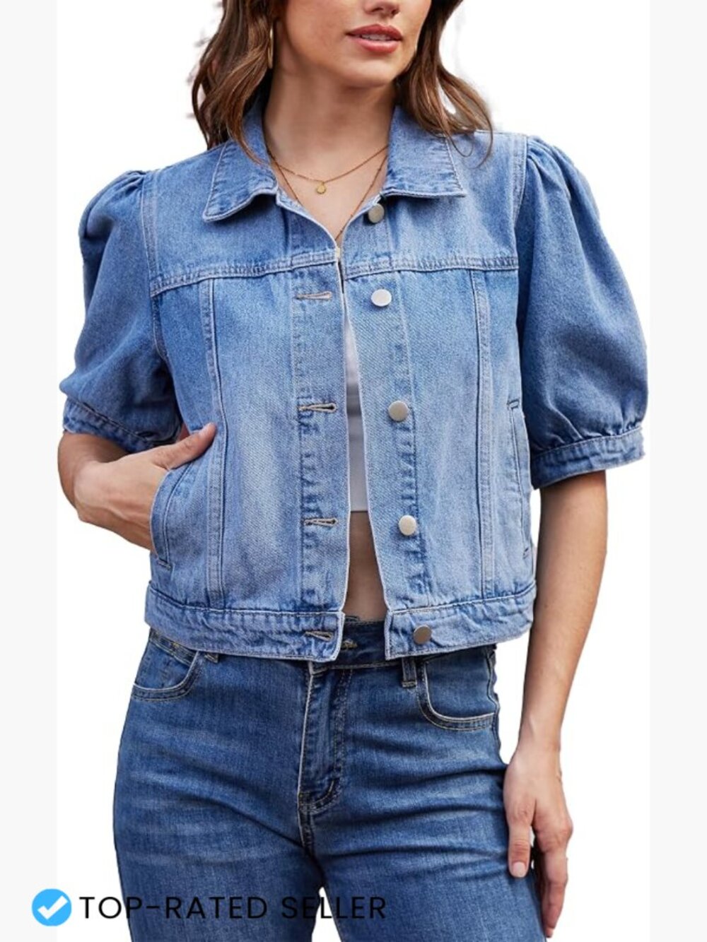Cropped Puff Sleeve Jean Jacket Women Denim Trucker Buttons Side Pockets Trendy